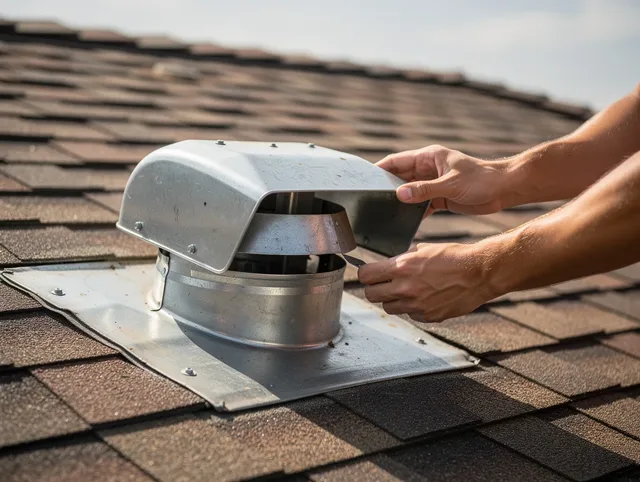 Aurora Dryer Vent Cleaning certified technician safely cleaning a roof-mounted dryer vent in Aurora