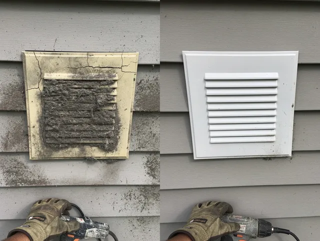 Aurora Dryer Vent Cleaning technician installing high-quality dryer vent cover at a residential property in Aurora