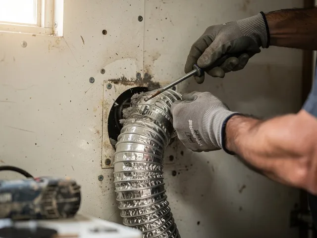 Aurora Dryer Vent Cleaning technician performing precise dryer vent hose installation in Aurora